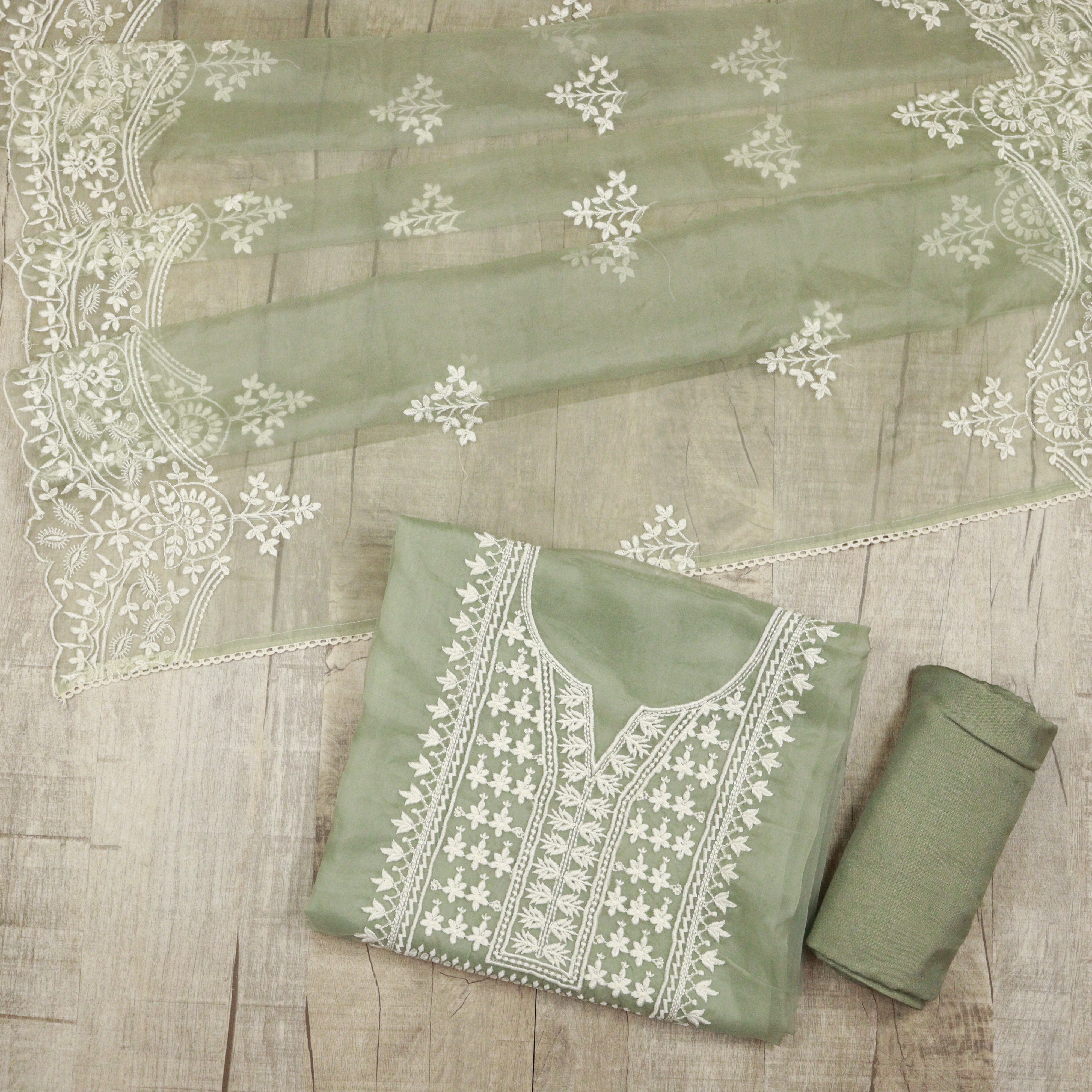 Load image into Gallery viewer, Sage Green Colour Nylon Organza Unstitched Suit-3363
