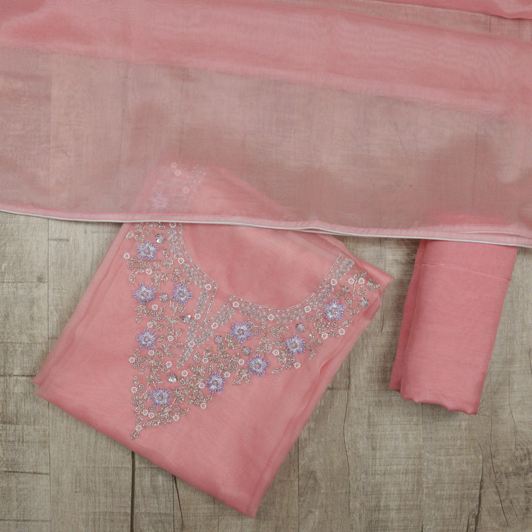 Baby Pink Organza Fabric Unstitched Suit-3357