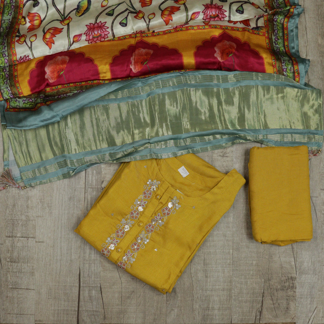 Golden Yellow Colour Pure Muslin Silk Semi Stitched Suit - 3057