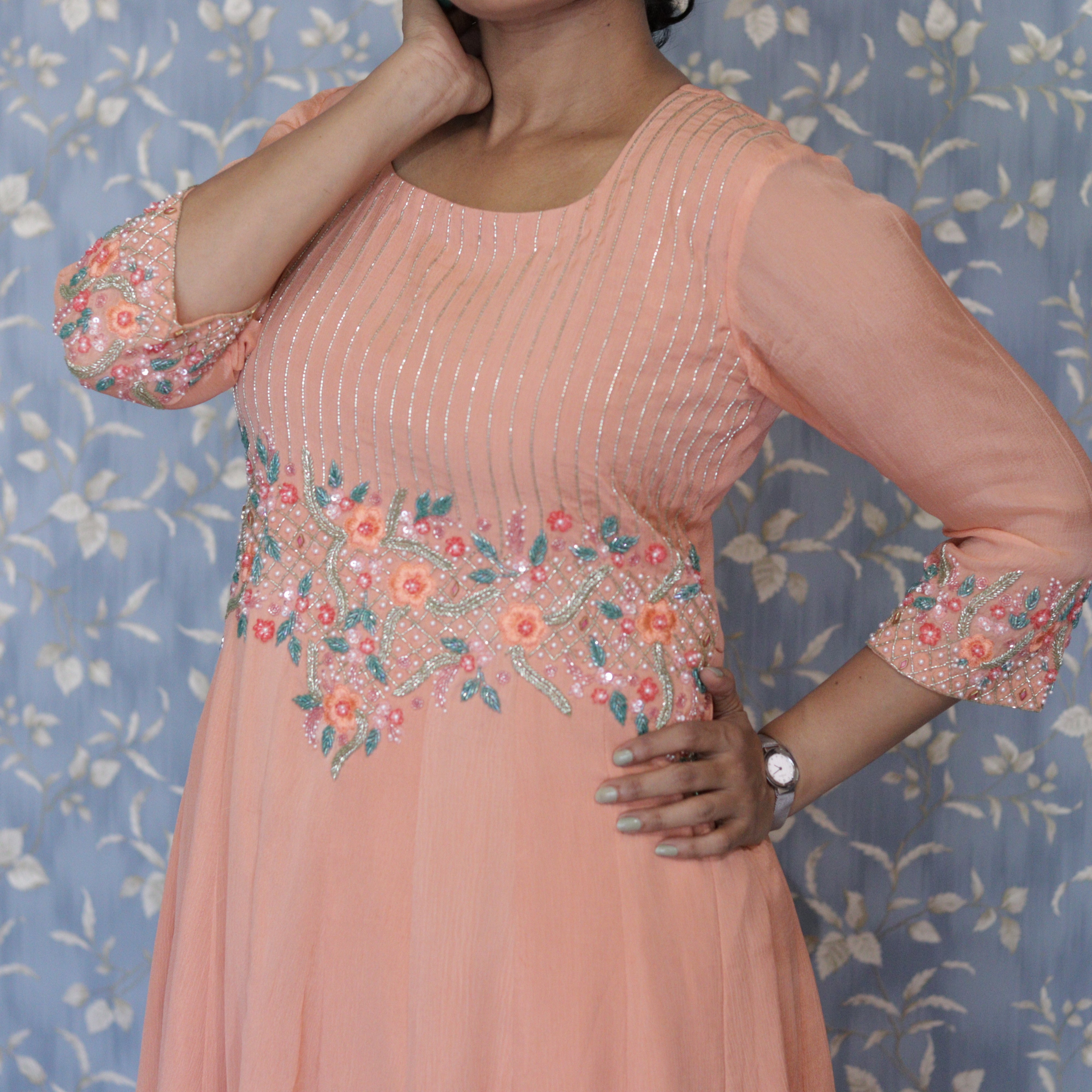Load image into Gallery viewer, Light Peach Chinnon Stitched Suit-3339
