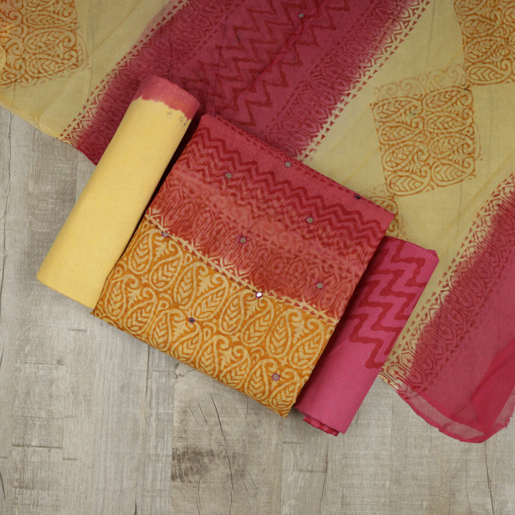 Hot Pink And Mustard Yellow Super Net Kota Unstitched Suit-3433