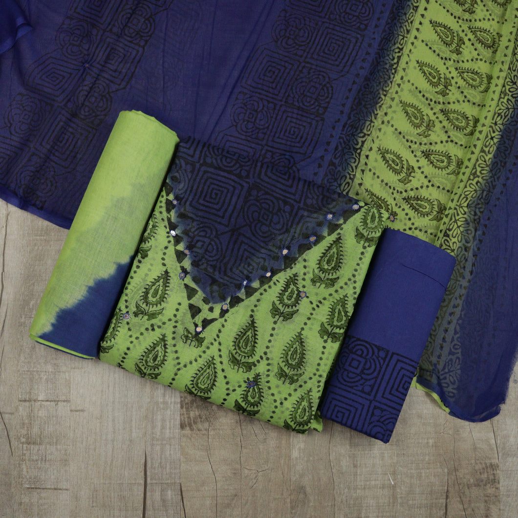 Midnight Blue And Light Parrot Green Super Net kota Unstitched Suit-3433