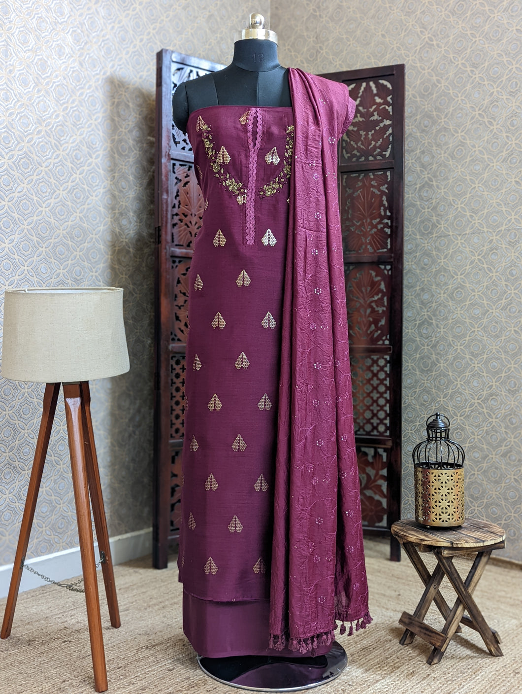 Semi Silk Beet Root Coloured Unstitched Suit-2590