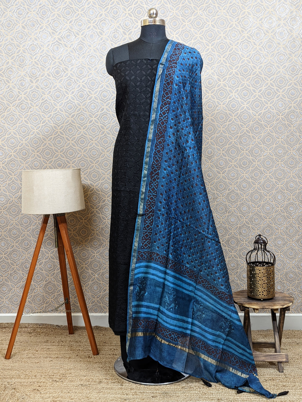 Unique hand made unstitched Salwar Suits - Black and Indigo color - 2724