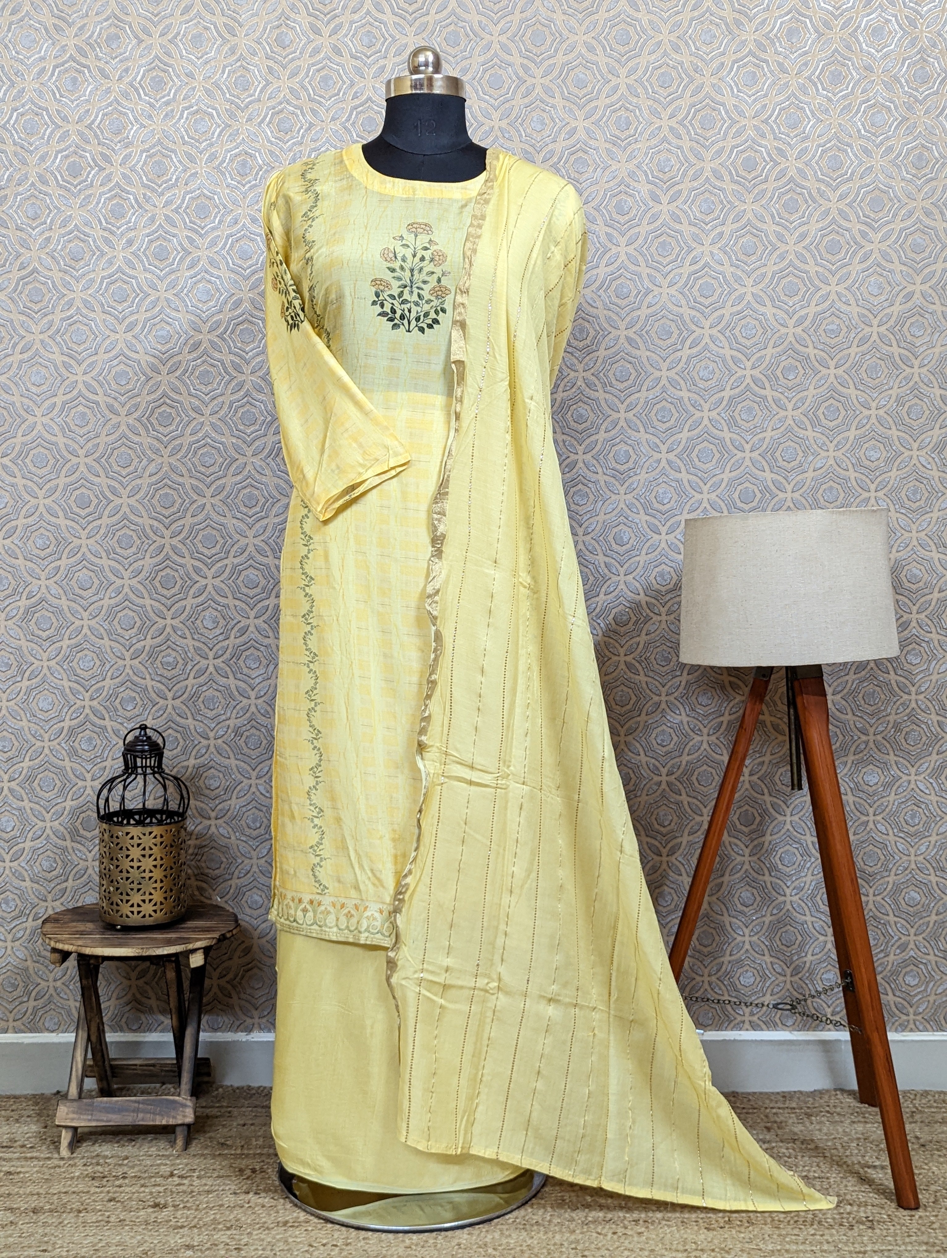 Load image into Gallery viewer, Yellow Muslin Silk Semi-Stitched Suits - 1706
