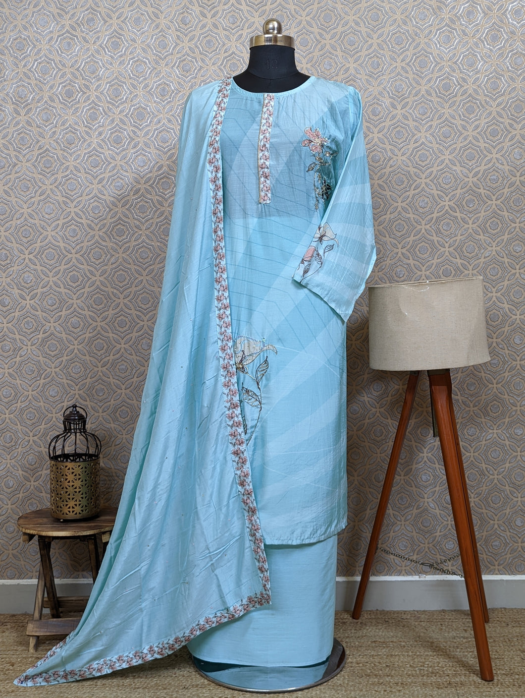 Pastel Blue Muslin Silk Semi-Stitched Suits - 2141