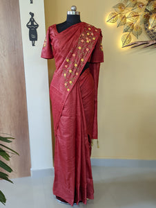 Brick Red Pure Tussar Silk Saree With Blouse