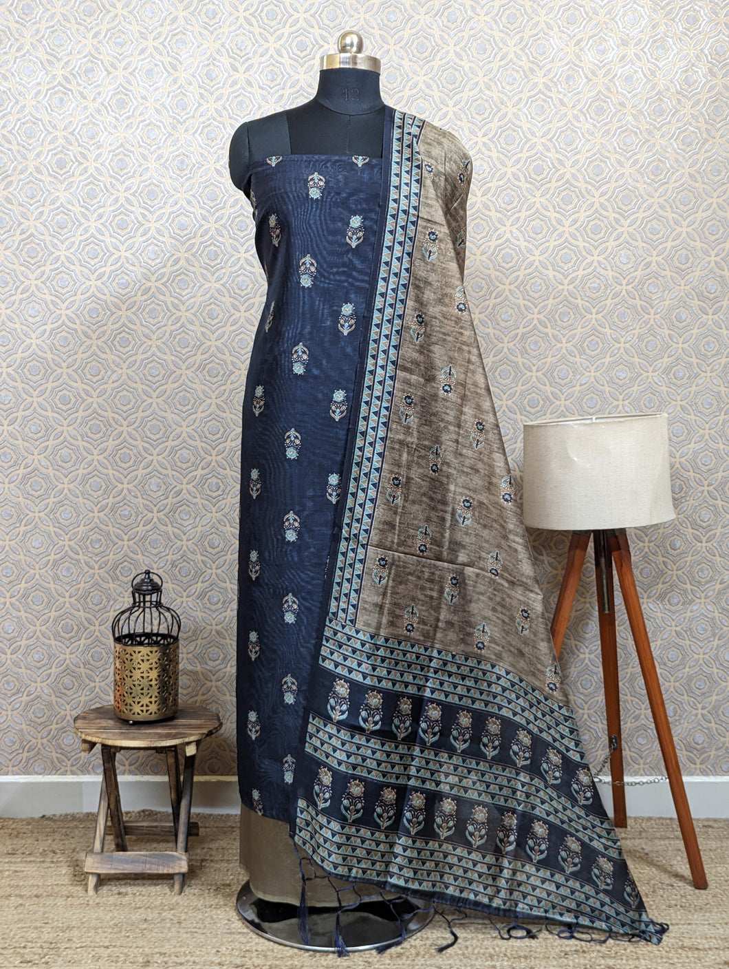 Charcoal Black Semi Silk Unstitched Suits - 2368