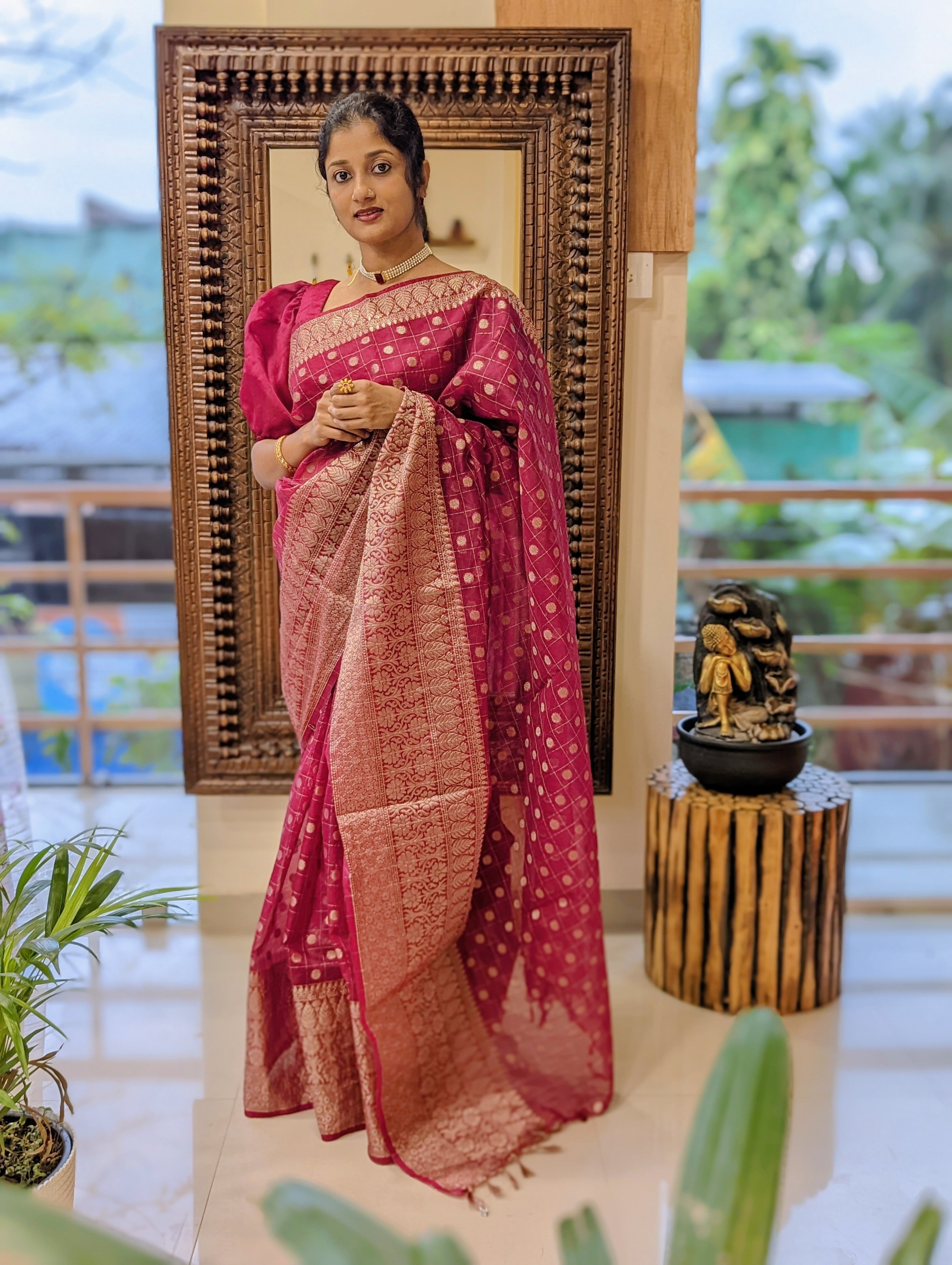 Load image into Gallery viewer, Magenta Dyed Chanderi Silk Saree and Blouse
