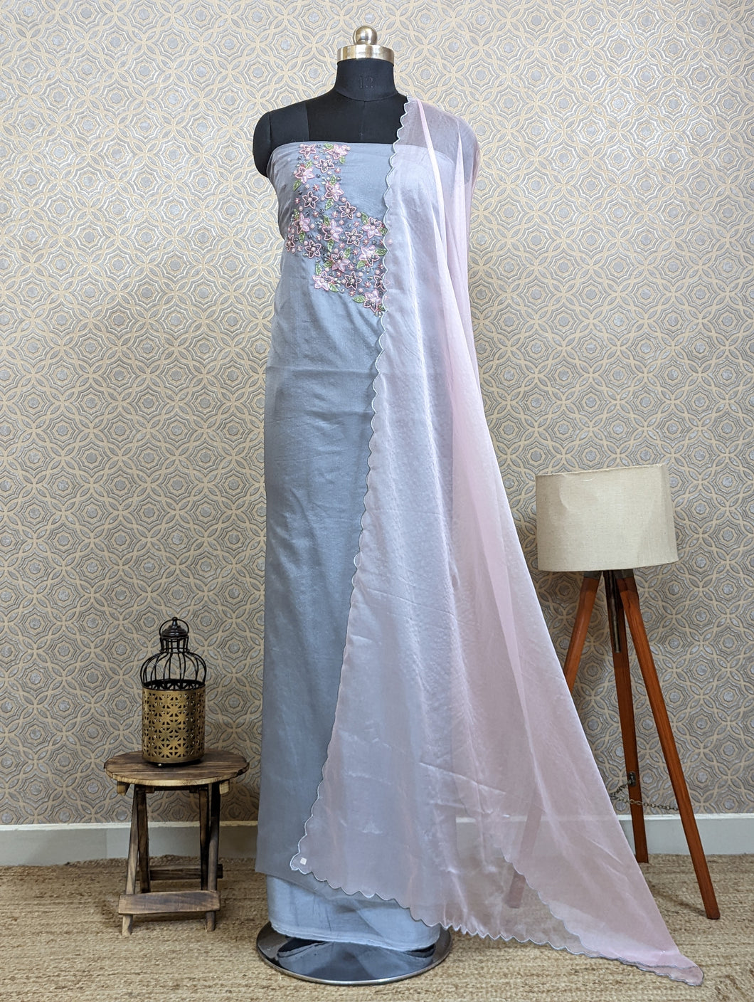 Grey Organza Designer Unstitched Suits