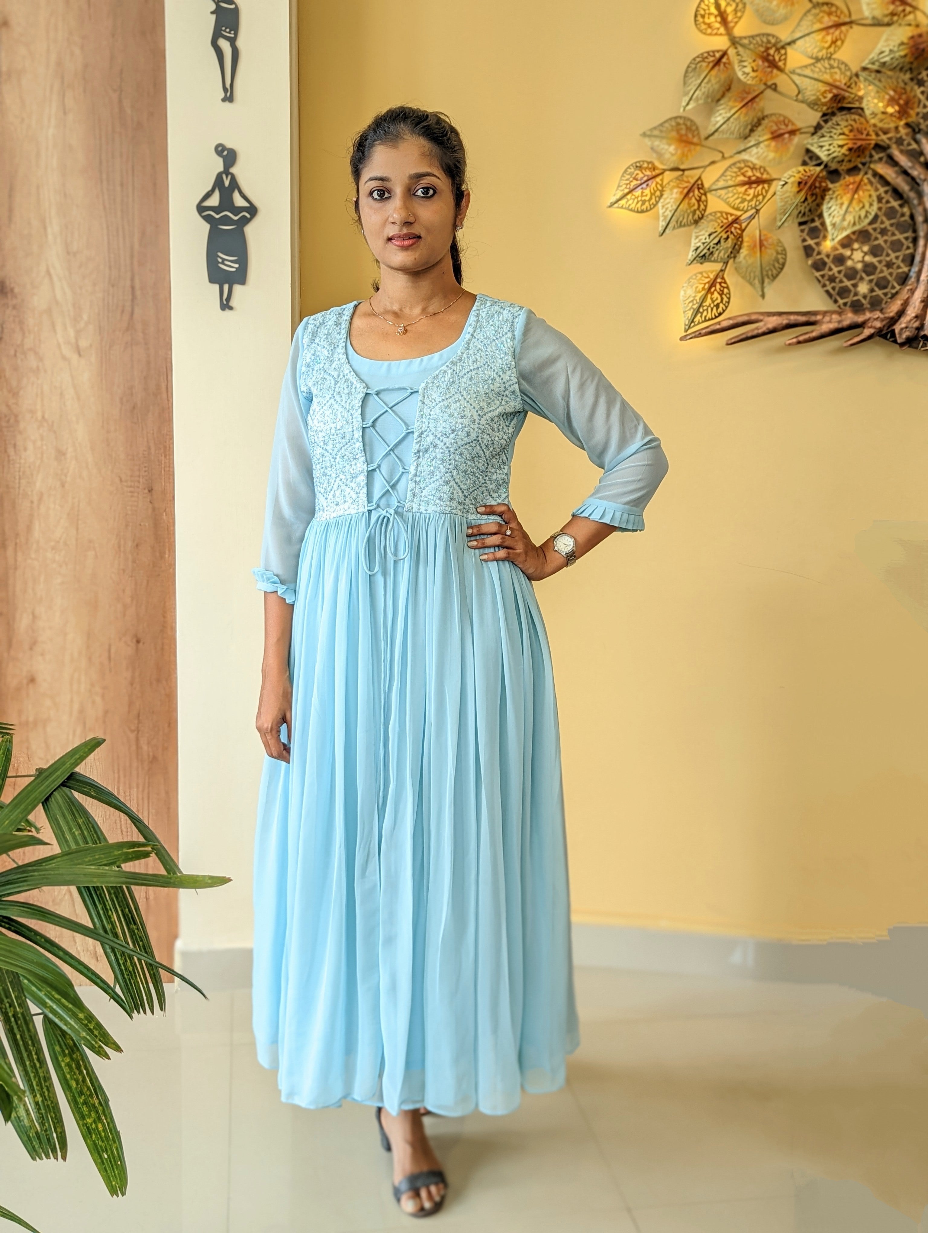 Load image into Gallery viewer, Baby Blue Pure Viscose Georgette Designer Wear A-Line Kurti
