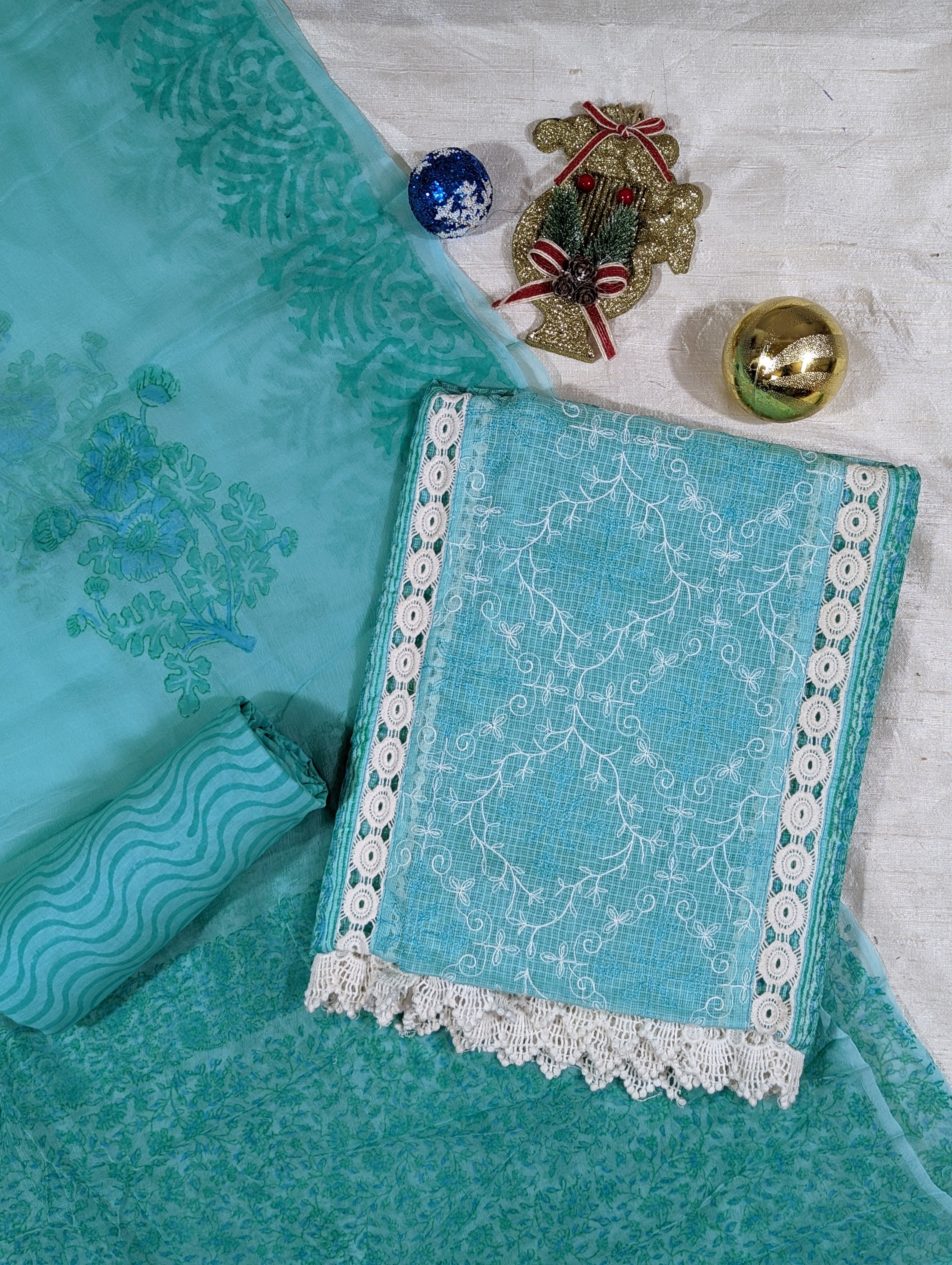 Load image into Gallery viewer, Pure Kota cotton Turquoise Unstitched Suit - 2867
