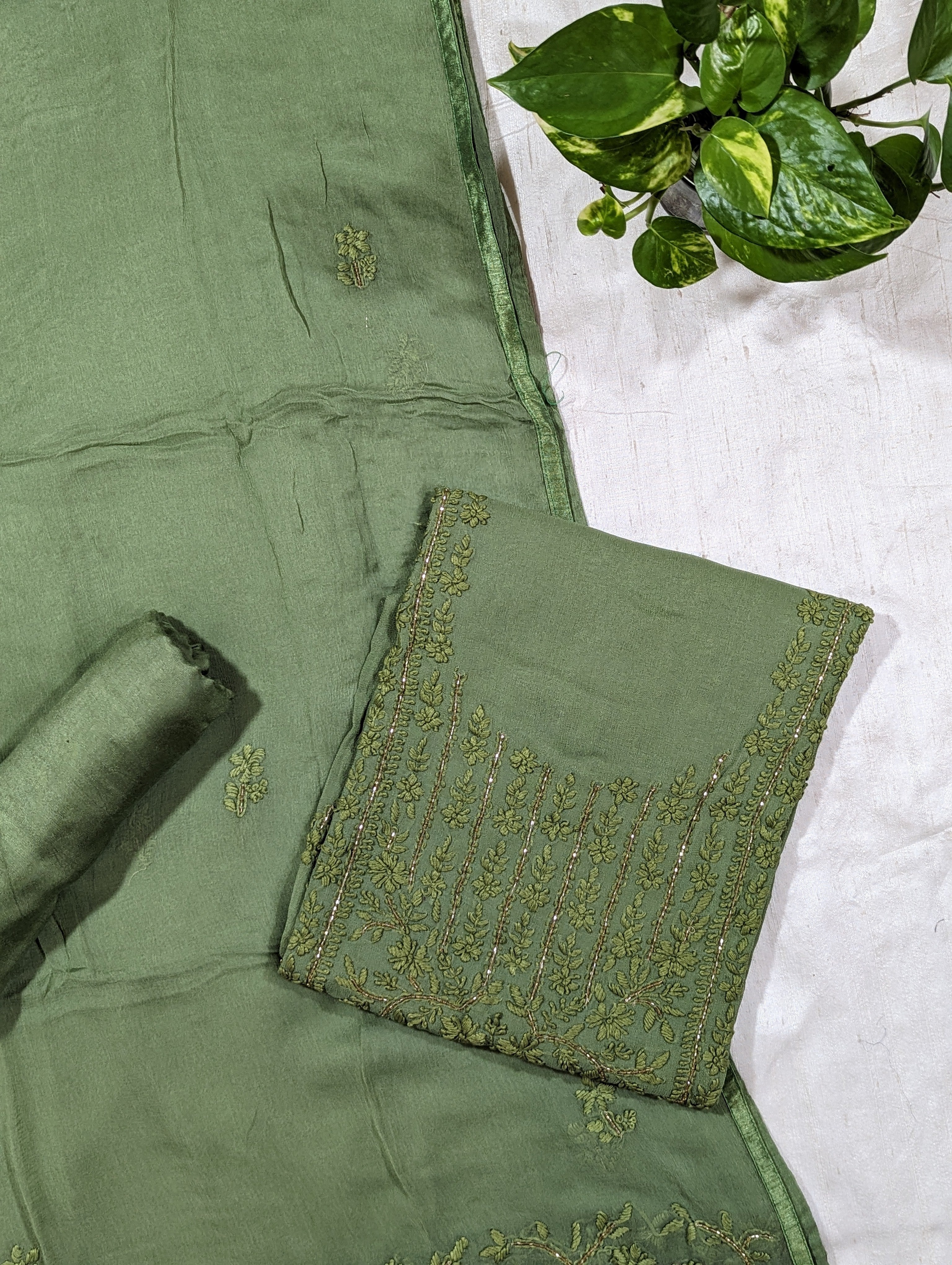 Load image into Gallery viewer, Pickle Green Pure Viscose Georgette Unstitched Suits - 2963
