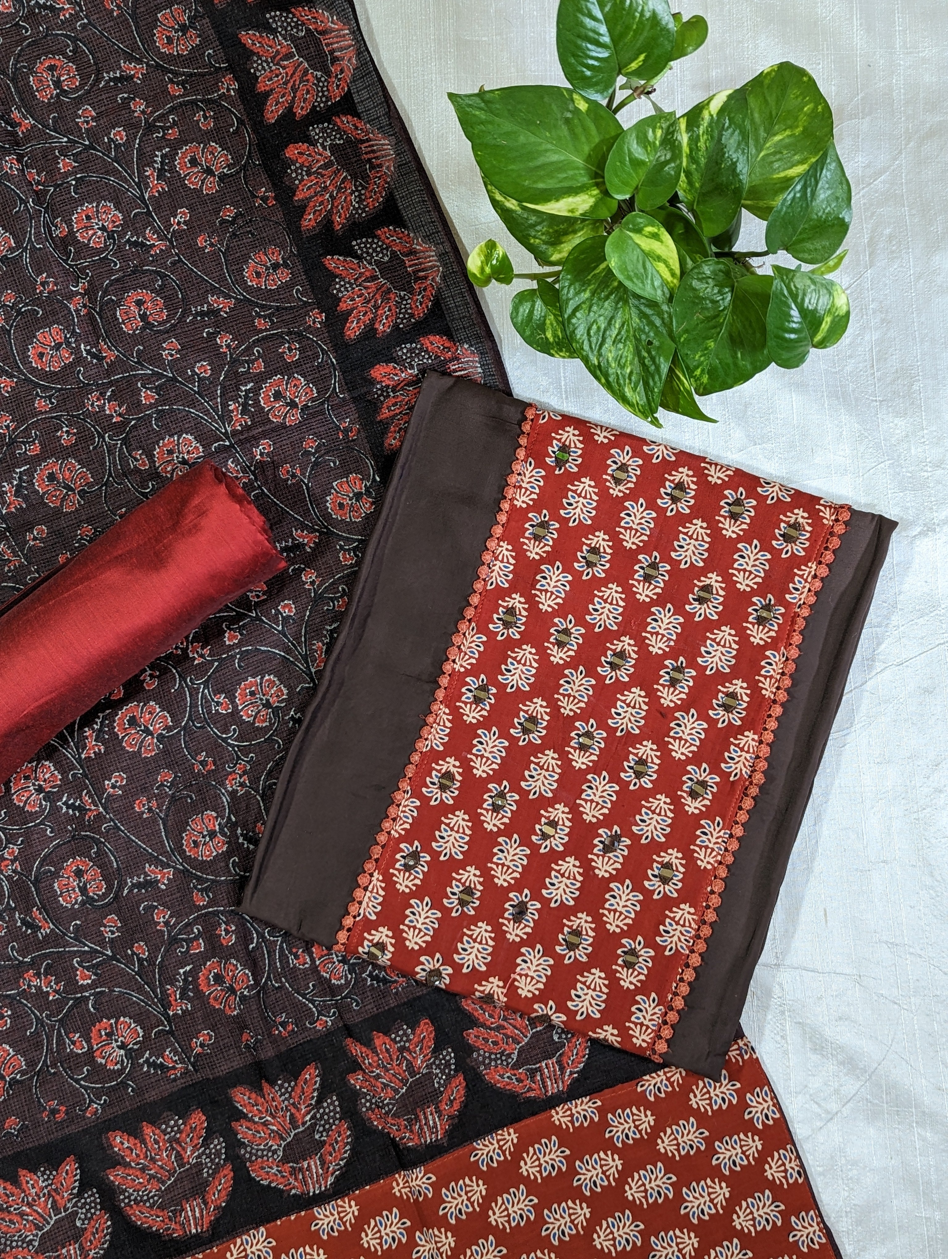 Load image into Gallery viewer, Coffee Brown Crepe Silk Ajrakh Unstitched Suits - 2970
