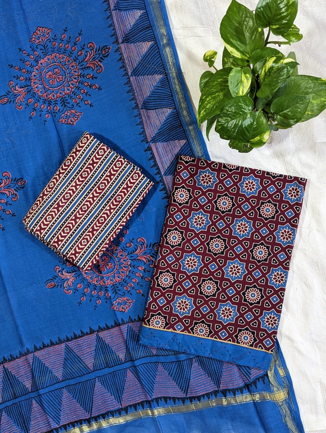 Maroon And Indigo Blue Pure Cotton Unstitched Suit-2972