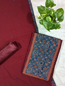 Maroon And Indigo Faux Georgette Unstitched Suits - 2929