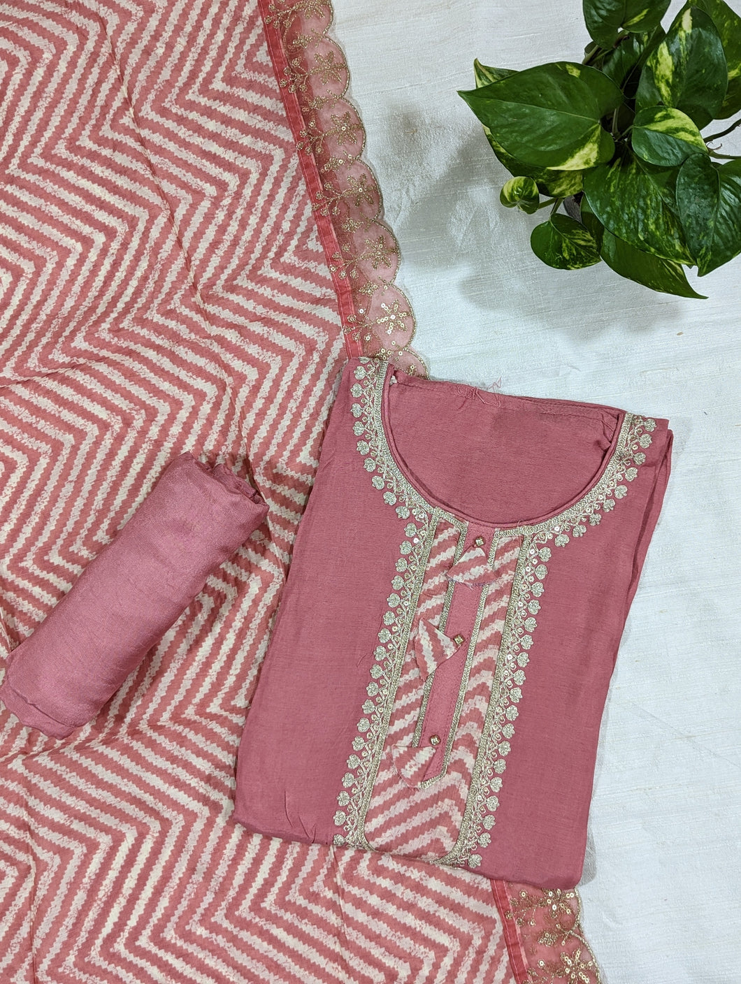 Coral Pink Pure Muslin Silk Semi Stitched Suit-3062
