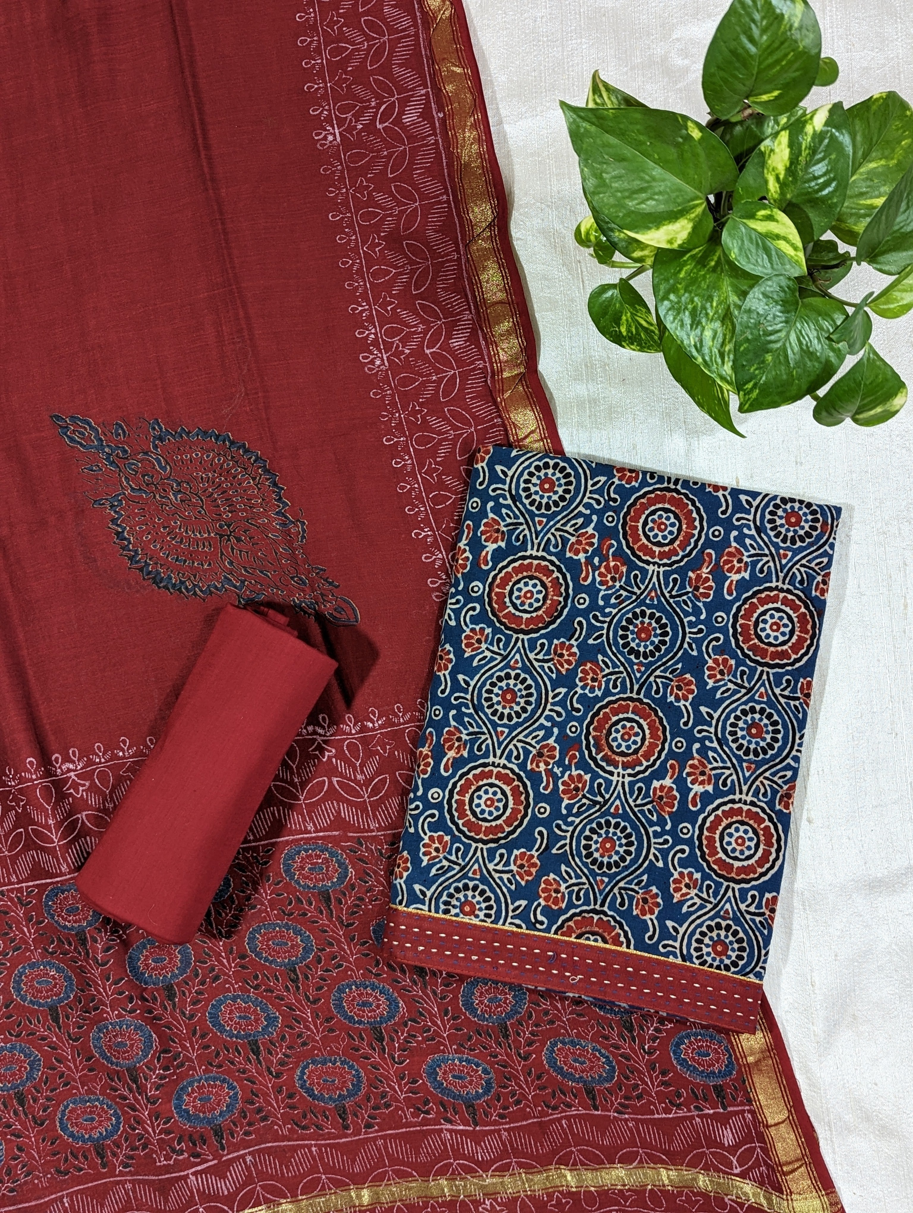 Load image into Gallery viewer, Indigo And Maroon Pure Cotton Unstitched Suit-3063
