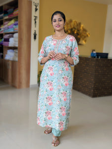 Pista Green Pure Muslin Silk Kurti Set-3068