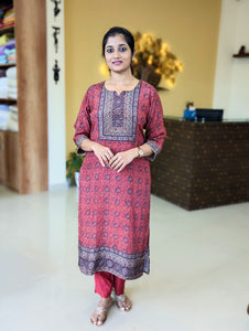 Brick Red Muslin Silk Stitched Suit-3069
