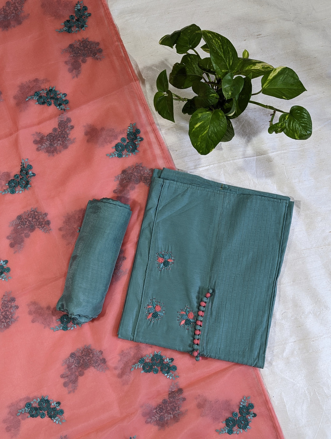 Turquoise And Peach Semi Silk Unstitched Suit-3098