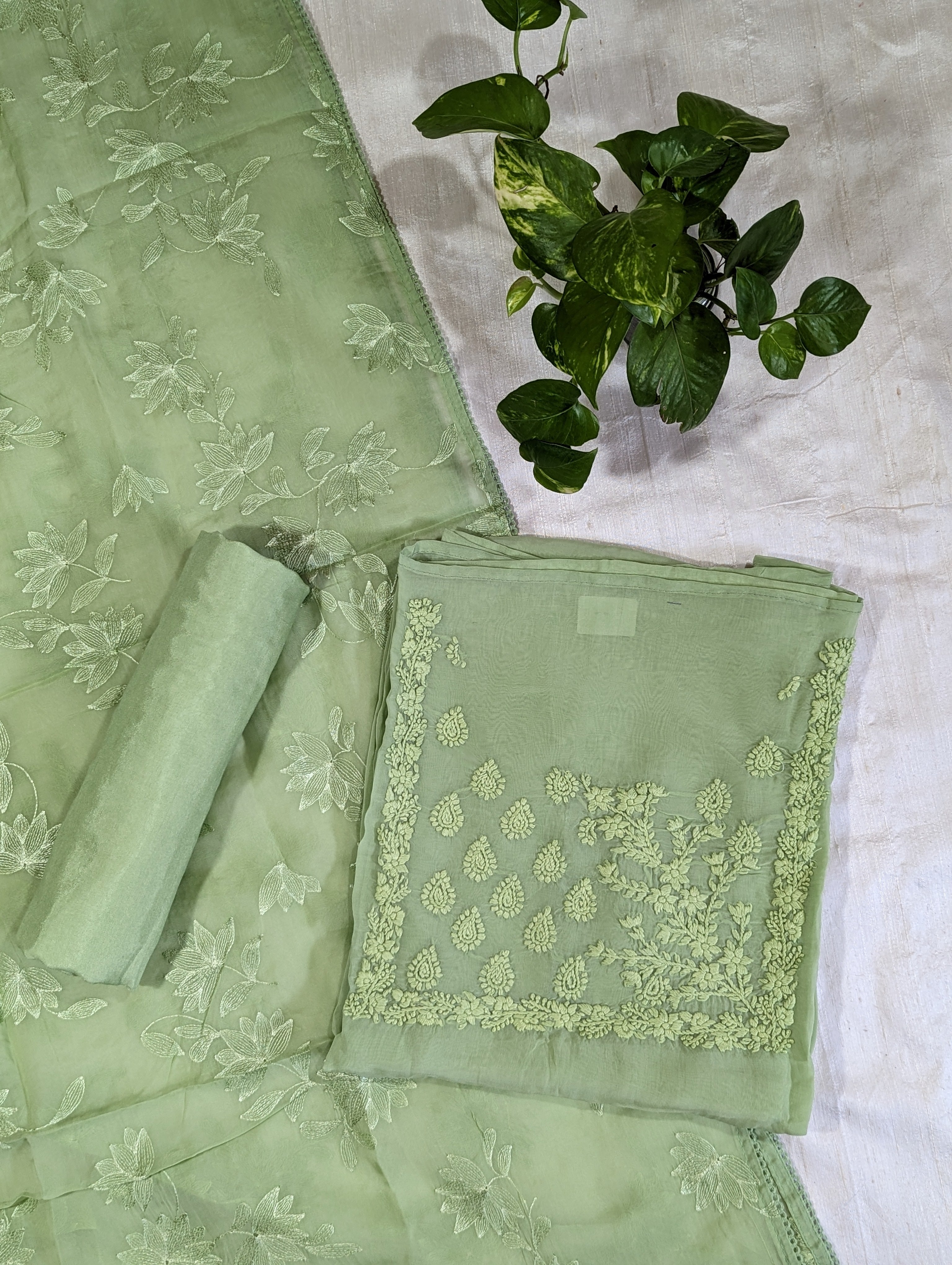 Load image into Gallery viewer, Pista Green Pure Viscose Organza Unstitched Suit-3090
