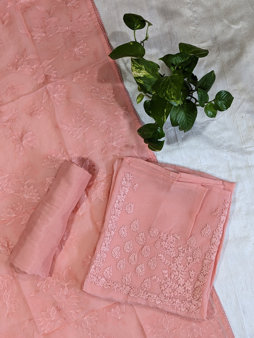 Peach Pure Viscose Organza Unstitched Suit-3090