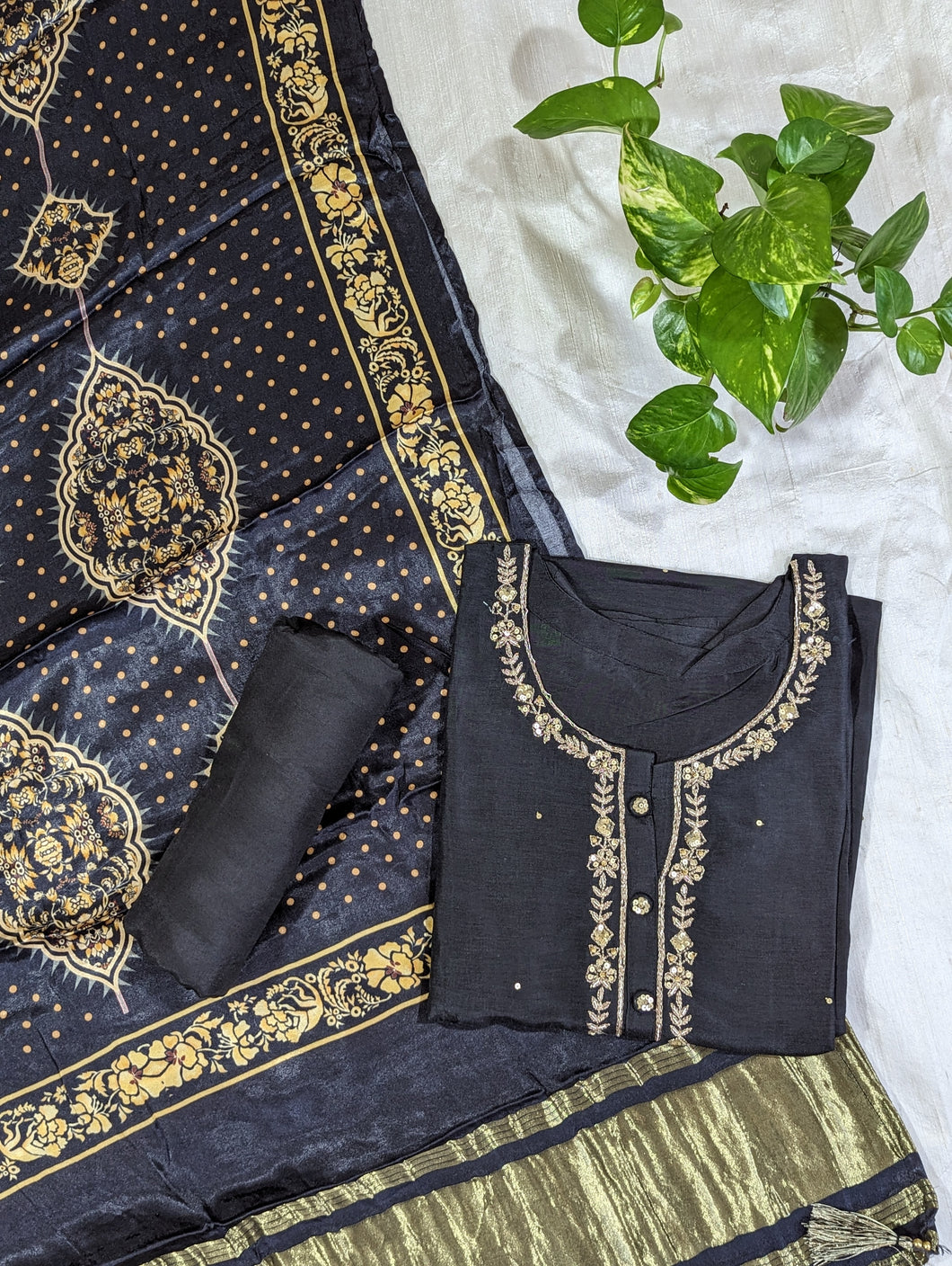 Black Pure Silk Semi Stitched Suit-3075