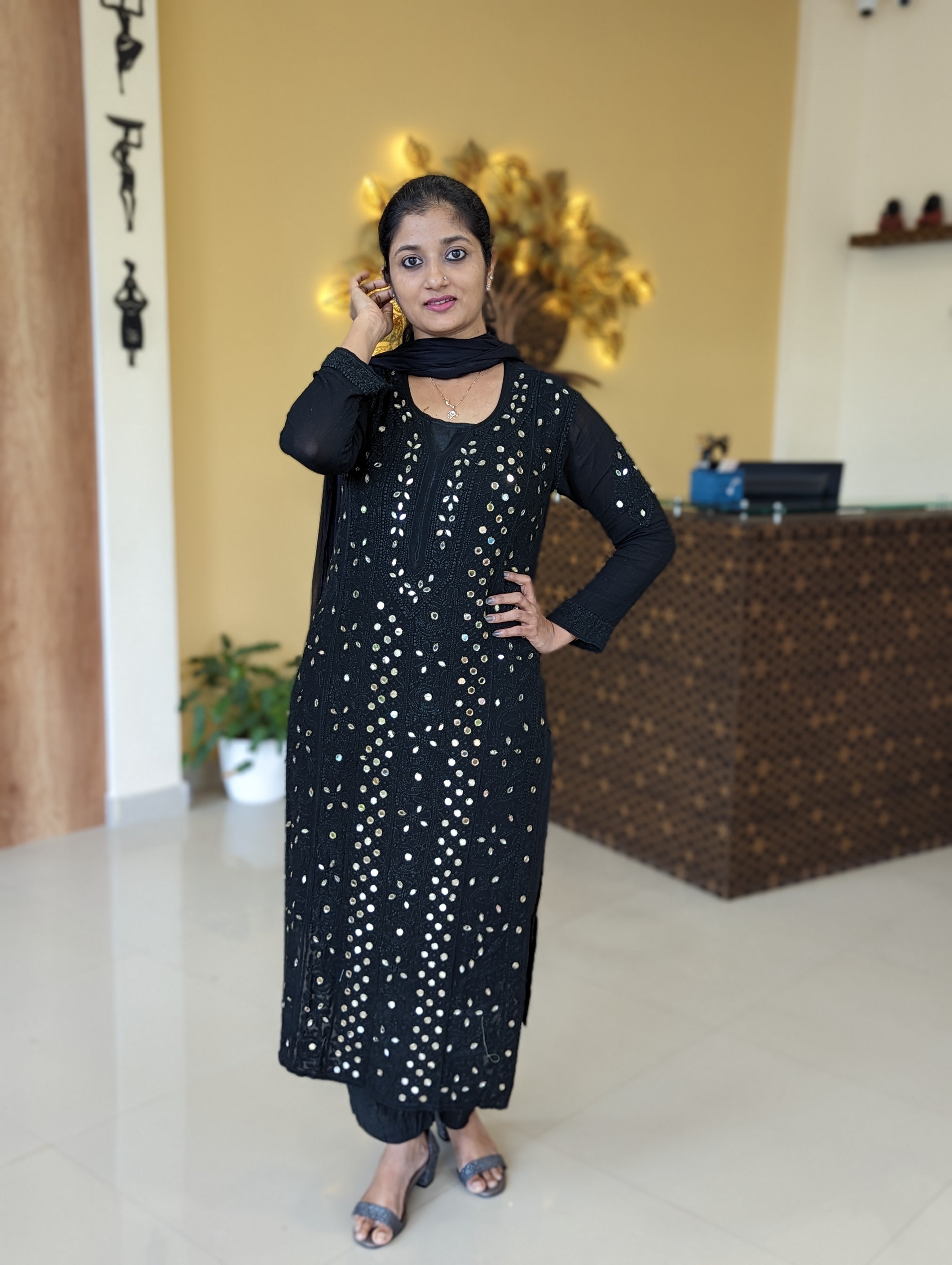 Load image into Gallery viewer, Jet Black Pure Georgette Kurti Set-3216
