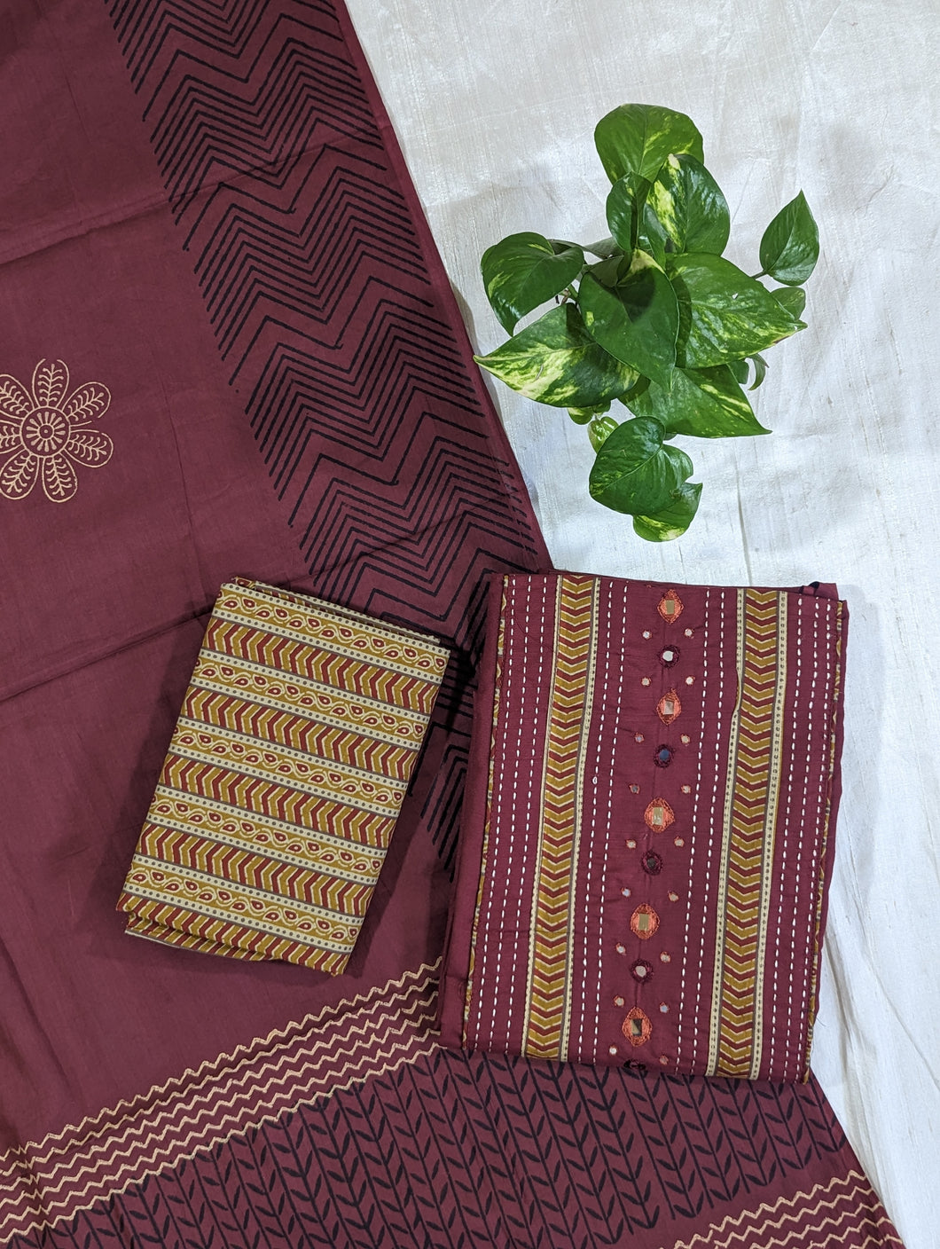 Maroon And Mustard Yellow Pure Cotton Unstitched Suit-3229