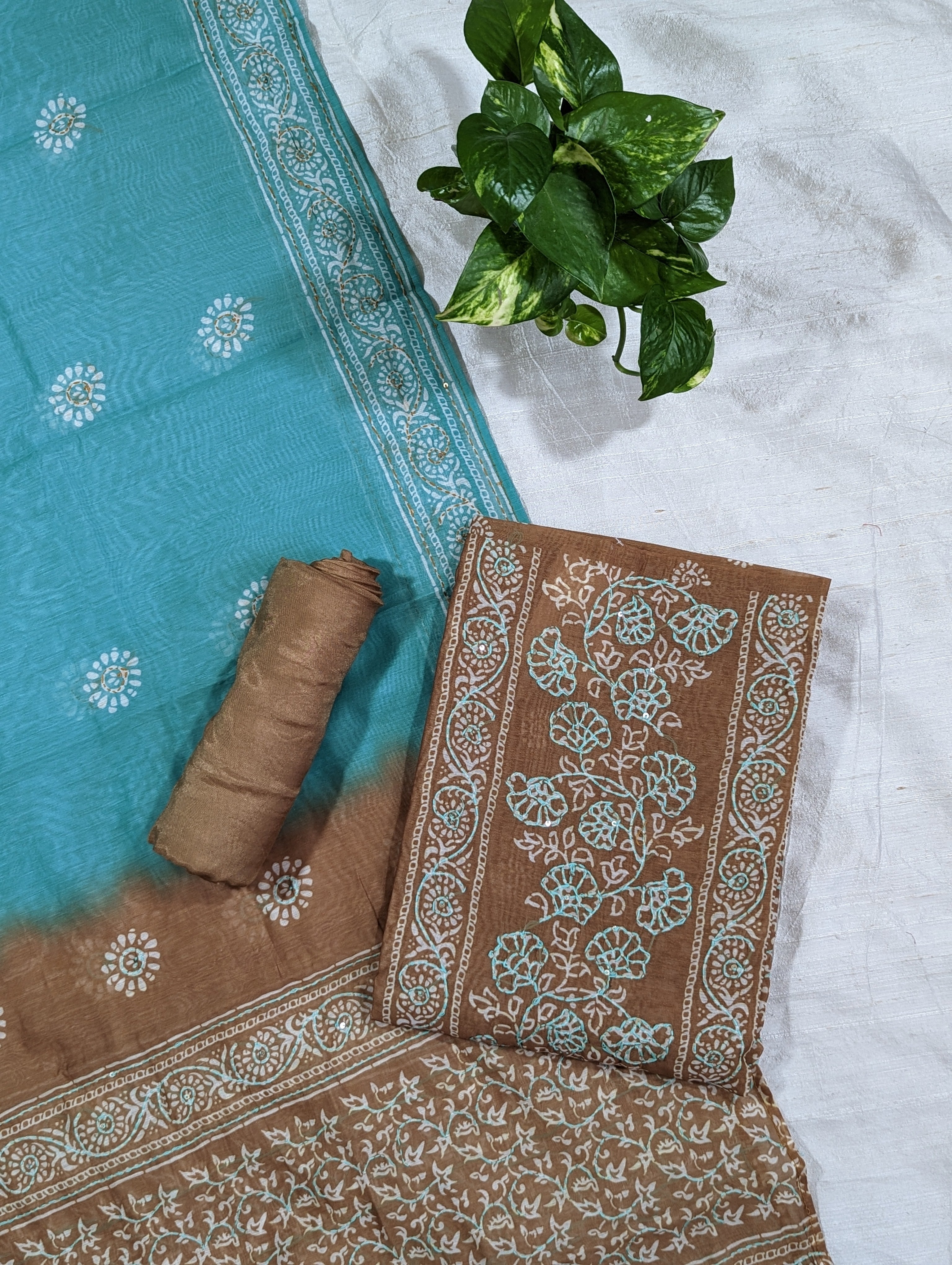 Load image into Gallery viewer, Light Brown And Safer Green Chanderi Cotton Unstitched Suit-3275
