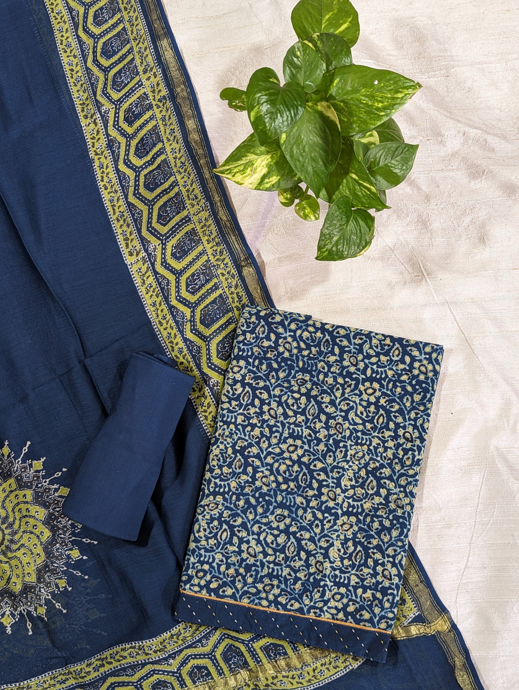 Indigo Blue And Mehndi Green Pure Cotton Unstitched Suit.3036