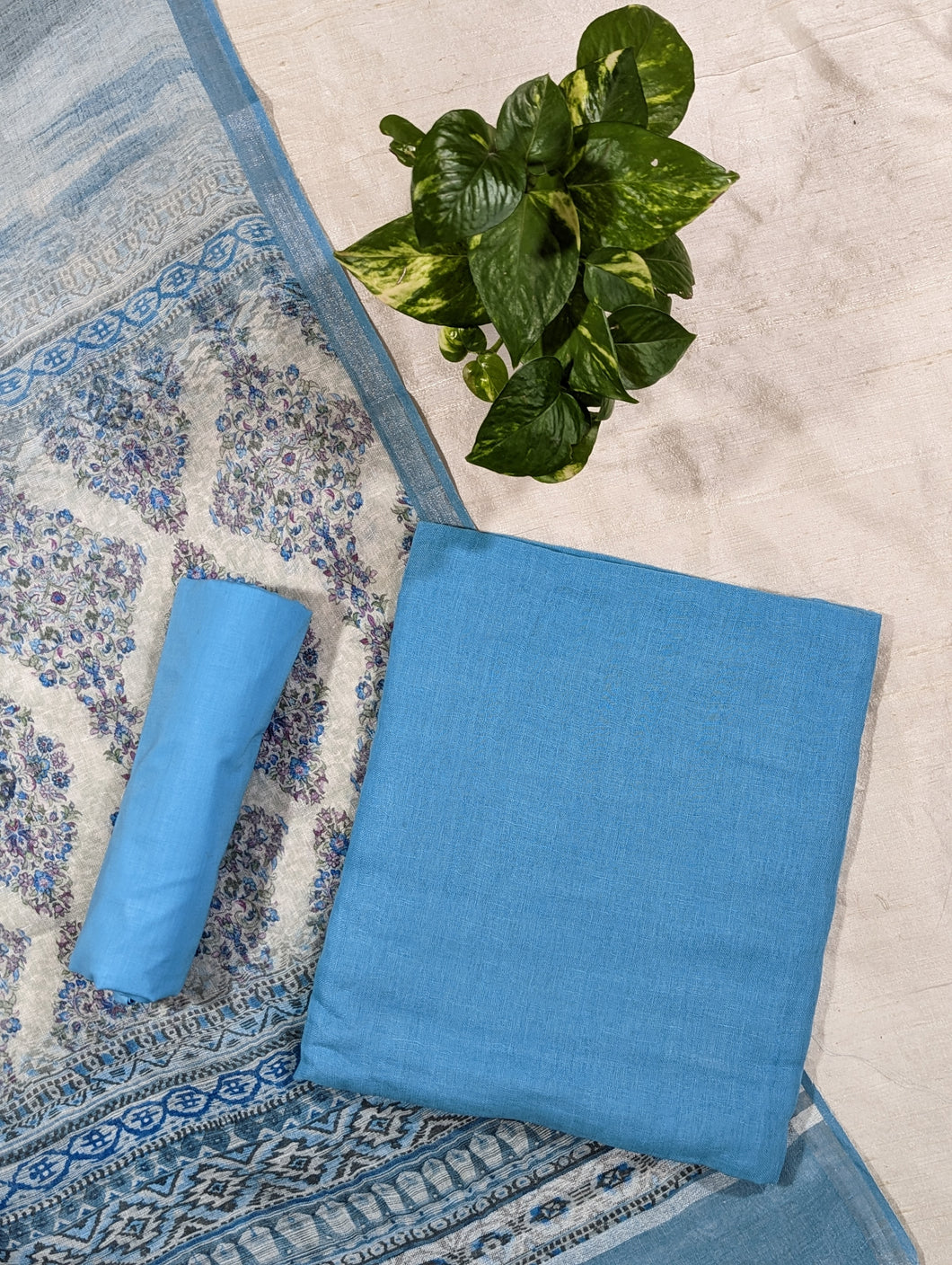 Bright Blue Pure Linen Unstitched Suit-3280