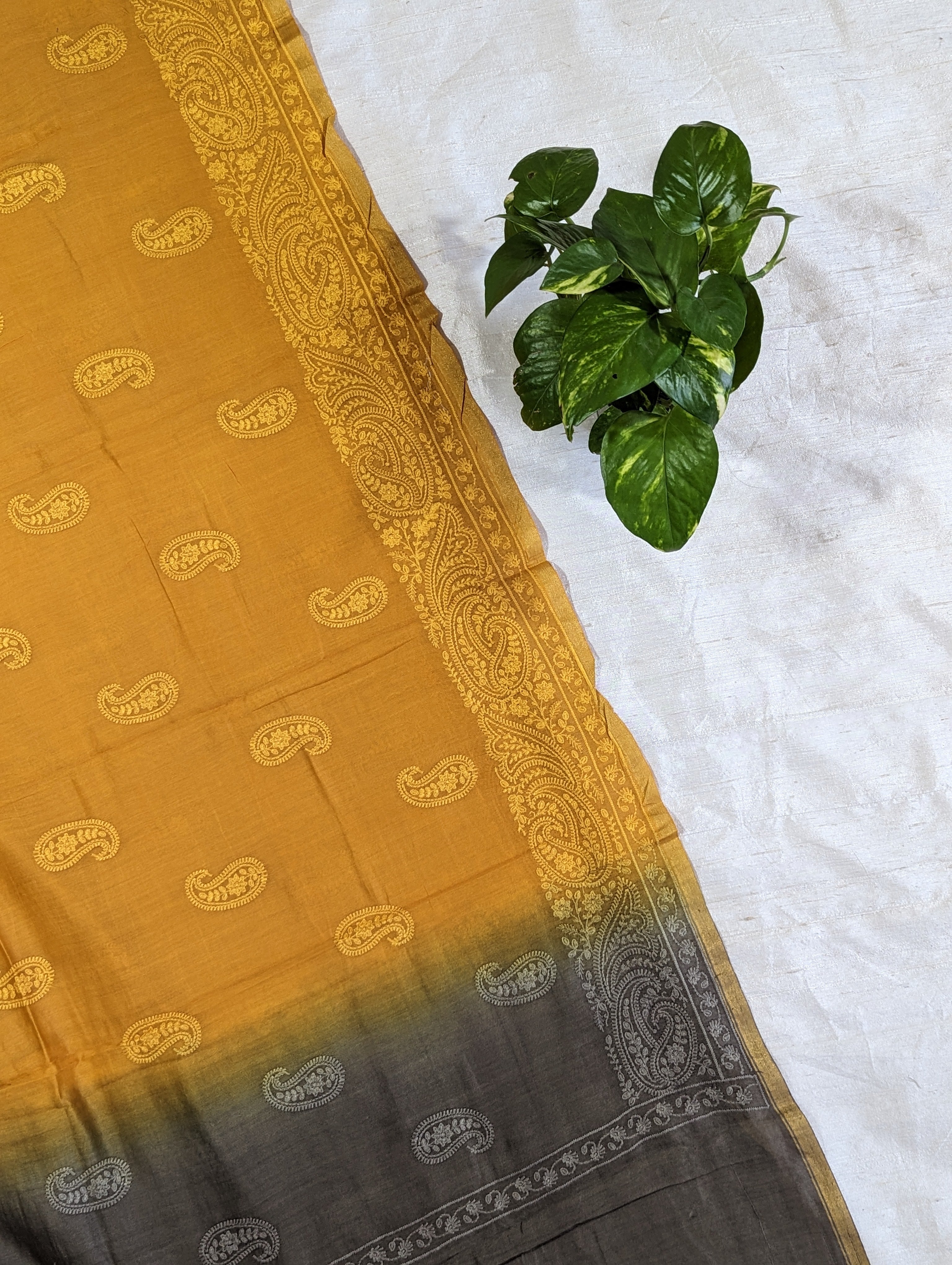Load image into Gallery viewer, Grey Green And Sunflower Yellow Pure Maheshwari Silk Unstitched Suit-3284
