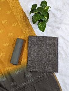 Grey Green And Sunflower Yellow Pure Maheshwari Silk Unstitched Suit-3284