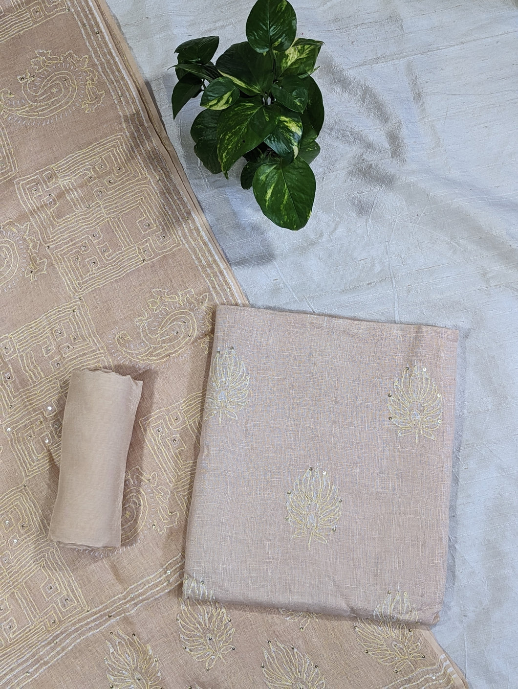 Nude Peach Pure Linen Unstitched Suit-3303