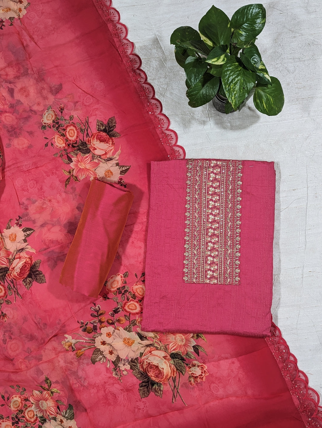 Hot Pink Semi Silk Unstitched Suit-3318