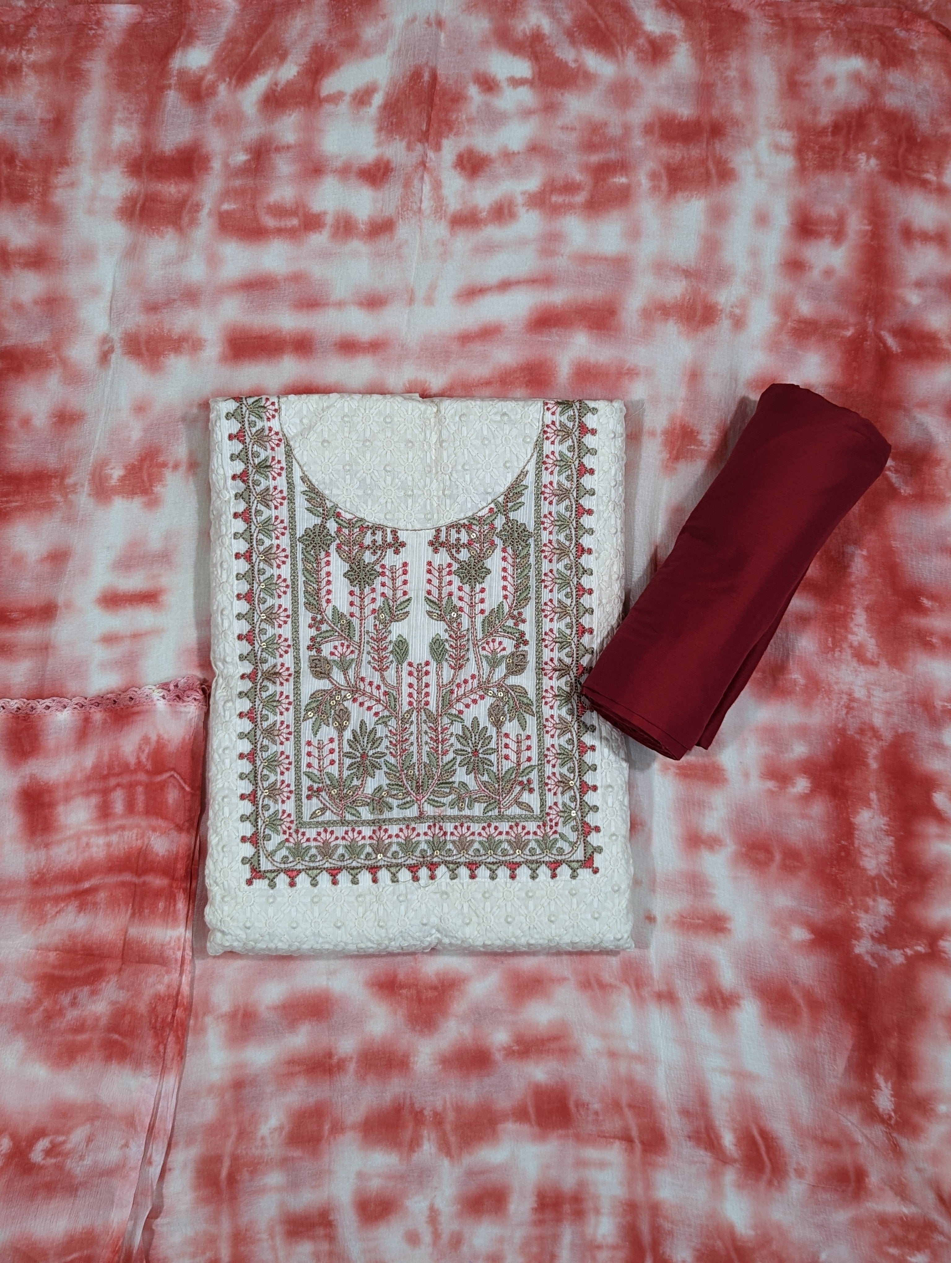 Load image into Gallery viewer, Cream And Crimson Color Pure Cotton Unstitched Suit-1822
