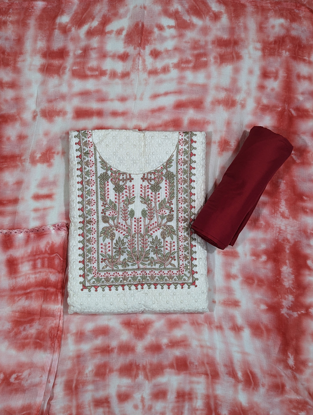Cream And Crimson Color Pure Cotton Unstitched Suit-1822