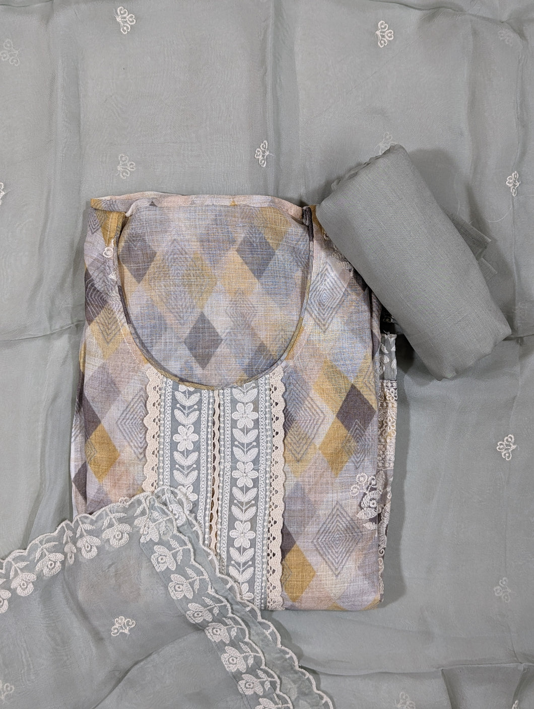 Gray and yellow Linen cotton Unstitched Suit-3361