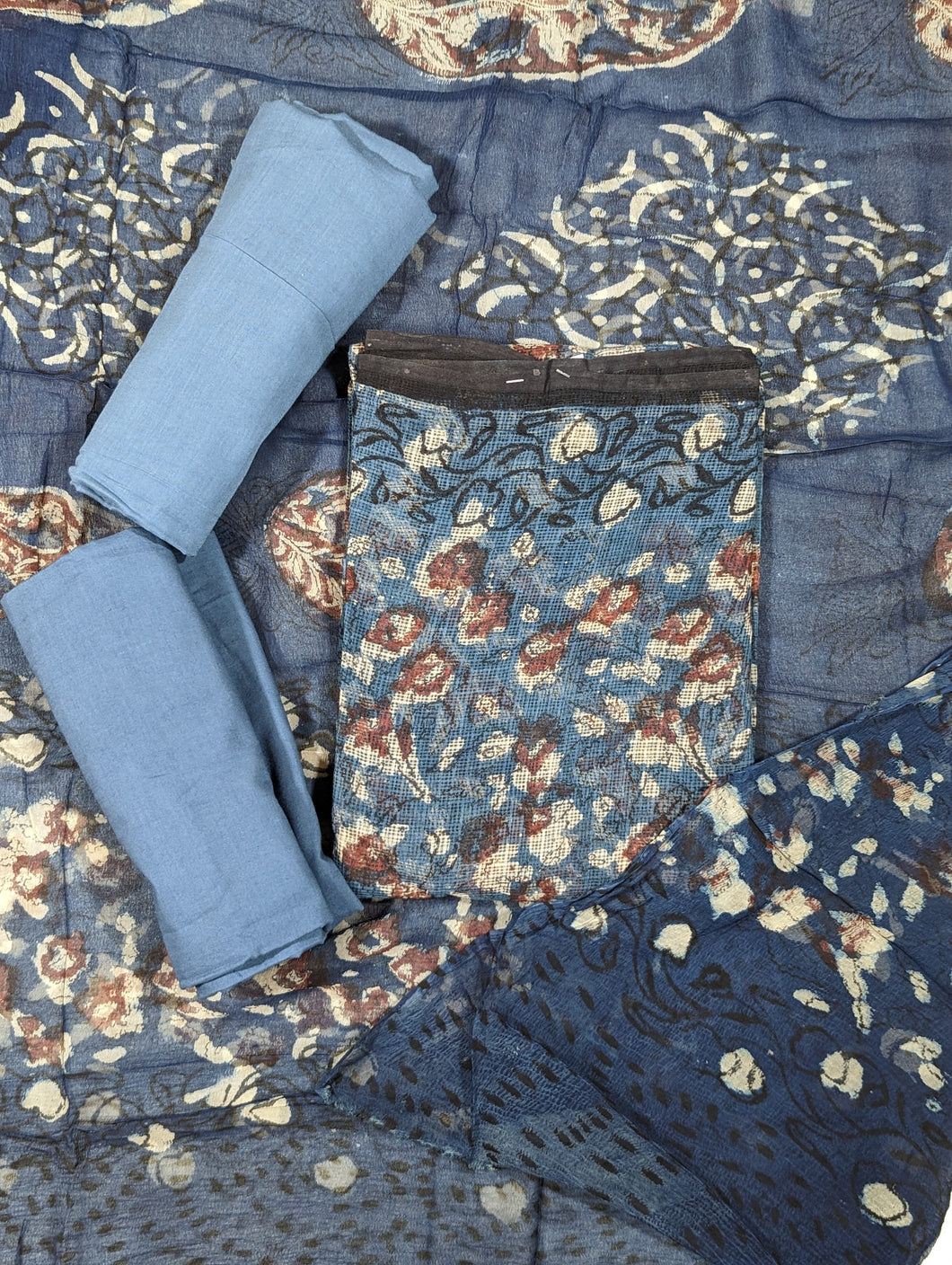 Indigo Blue And Maroon Pure Kotta Cotton Unstitched Suit-3365